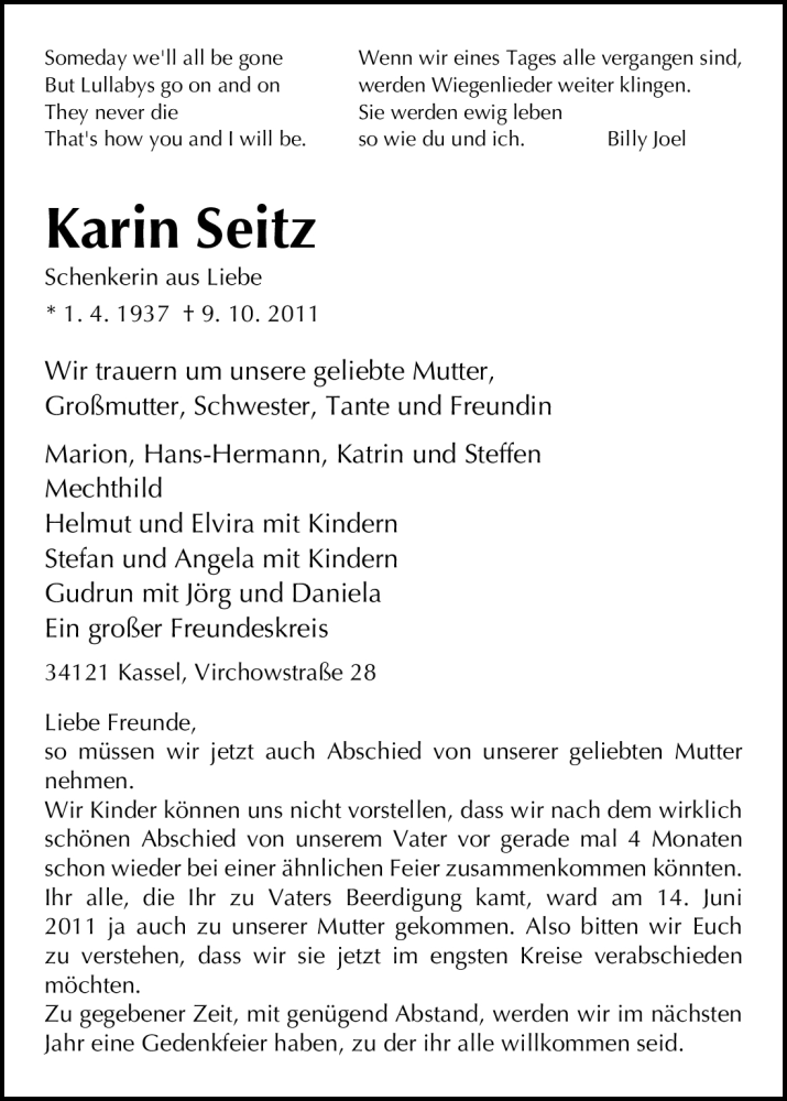  Traueranzeige für Karin Seitz vom 15.10.2011 aus HNA
