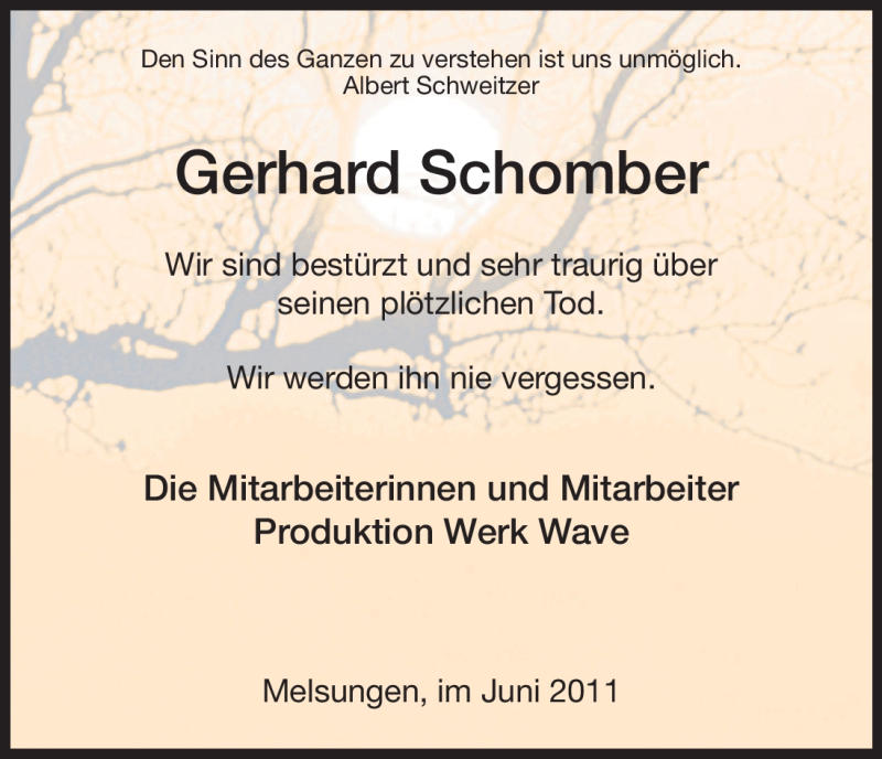  Traueranzeige für Gerhard Schomber vom 08.06.2011 aus HNA