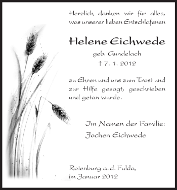 Traueranzeige von Helene Eichwede von HNA