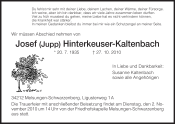 Traueranzeige von Josef Hinterkeuser-Kaltenbach von HNA