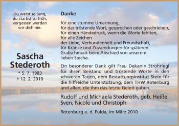 Traueranzeige von Sascha Stederoth von HNA