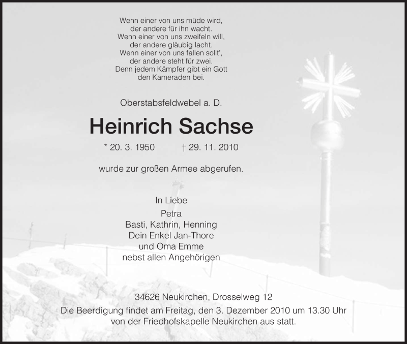  Traueranzeige für Heinrich Sachse vom 01.12.2010 aus HNA