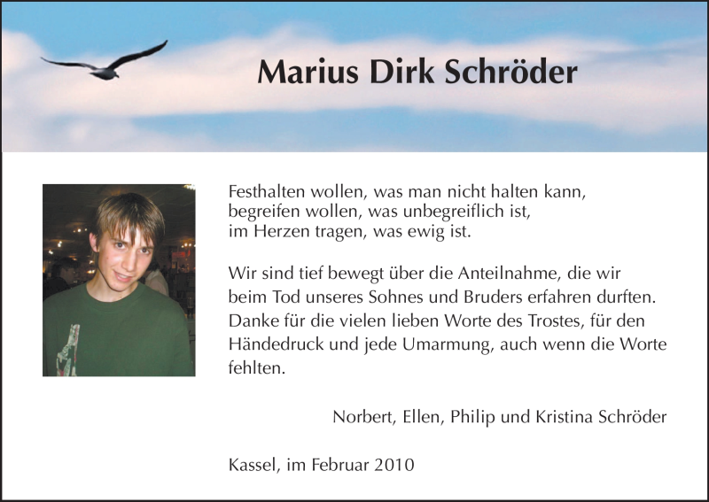  Traueranzeige für Marius Dirk Schröder vom 23.02.2010 aus HNA