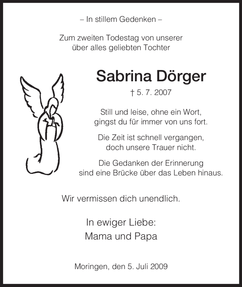  Traueranzeige für Sabrina Dörger vom 04.07.2009 aus HNA