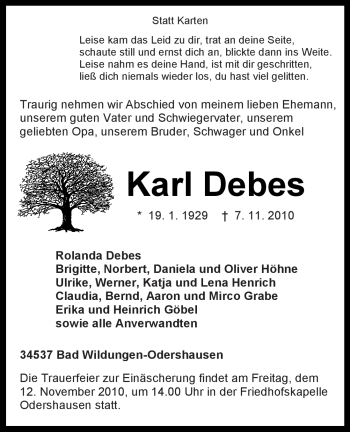 Traueranzeige von Karl Debes von HNA