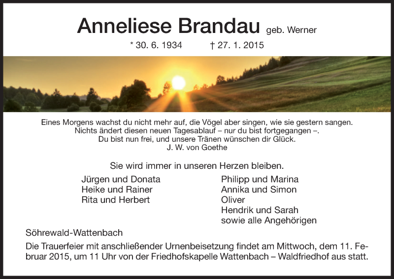  Traueranzeige für Anneliese Brandau vom 06.02.2015 aus HNA