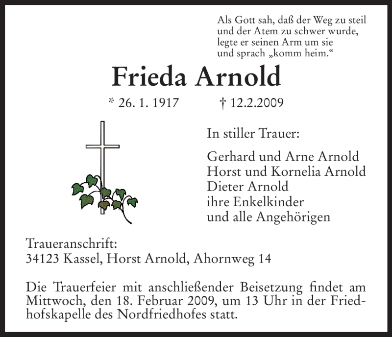  Traueranzeige für Frieda Arnold vom 16.02.2009 aus HNA