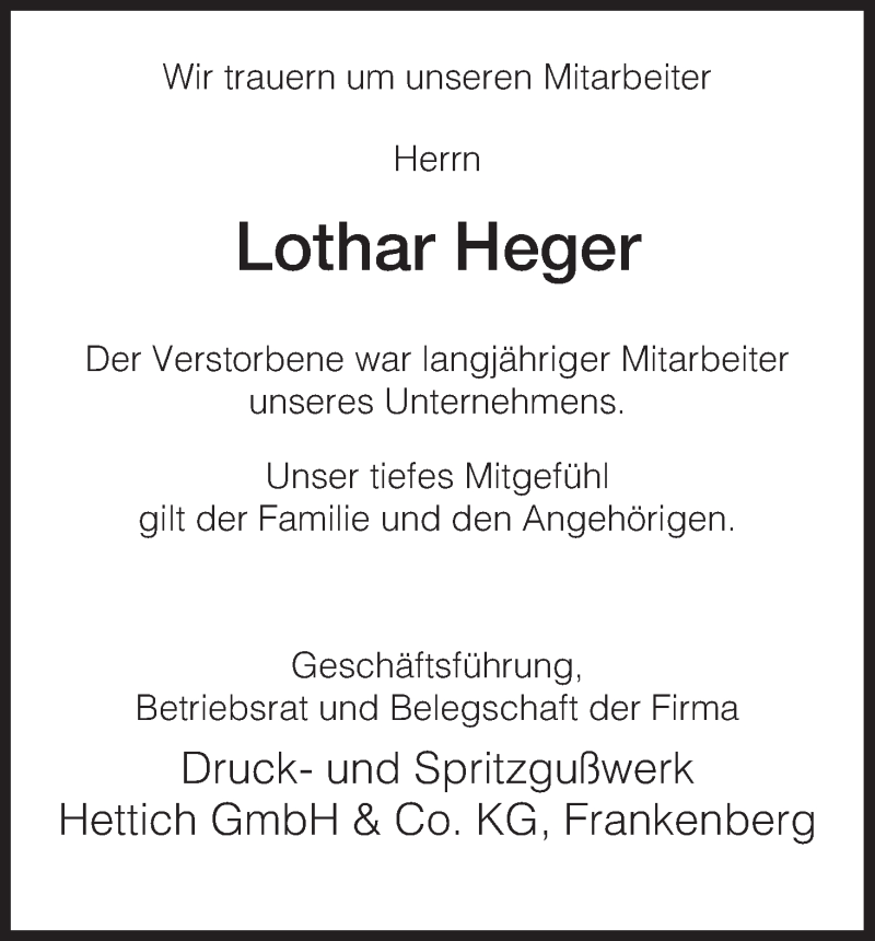  Traueranzeige für Lothar Heger vom 21.01.2015 aus HNA