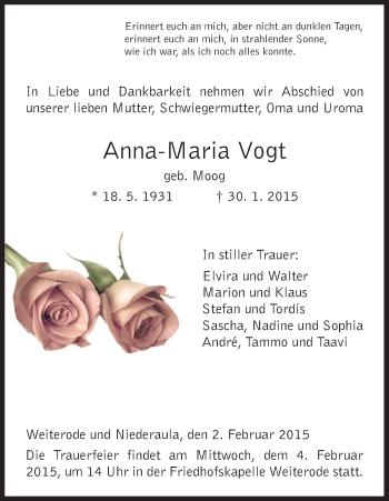 Traueranzeige von Anna-Maria Vogt von HNA