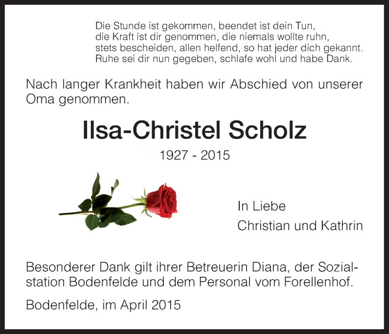  Traueranzeige für Ilsa-Christel Scholz vom 04.04.2015 aus HNA