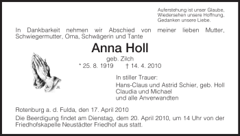 Traueranzeige von Anna Holl von HNA