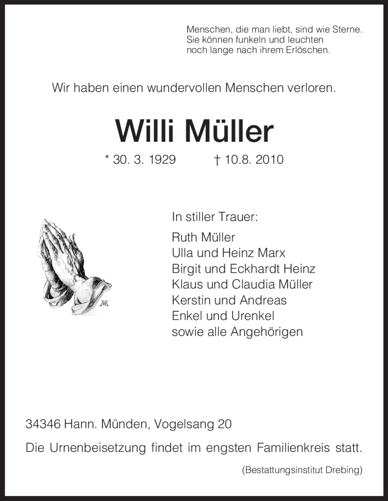  Traueranzeige für Willi Müller vom 14.08.2010 aus HNA