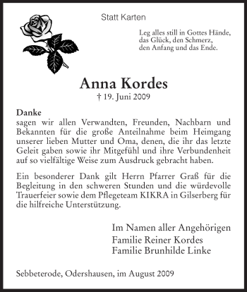Traueranzeige von Anna Kordes von HNA