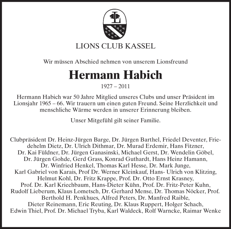  Traueranzeige für Hermann Habich vom 11.01.2011 aus HNA