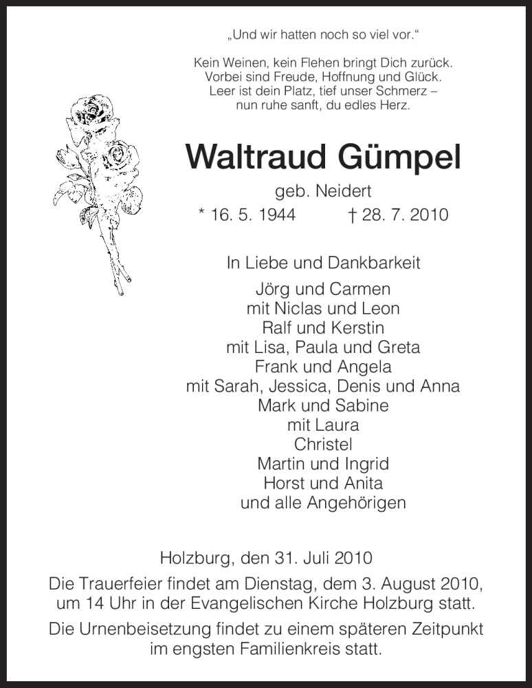  Traueranzeige für Waltraud Gümpel vom 31.07.2010 aus HNA