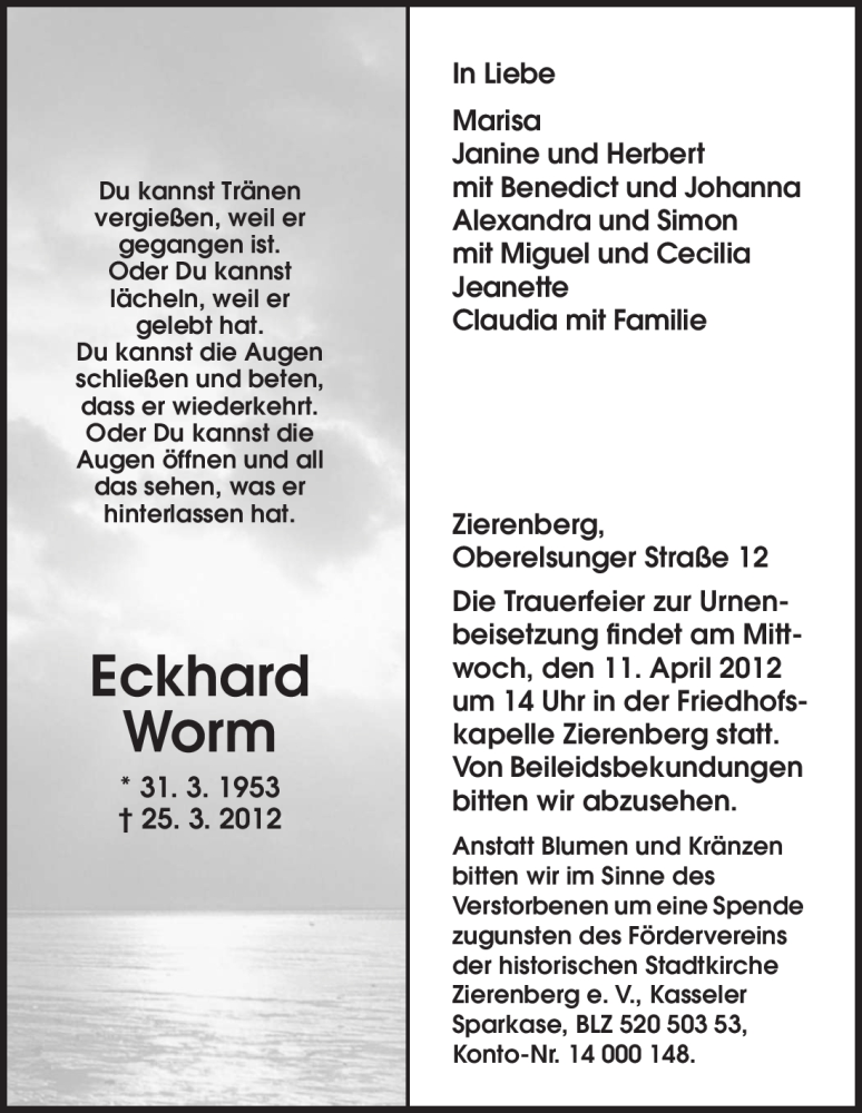  Traueranzeige für Eckhard Worm vom 07.04.2012 aus HNA