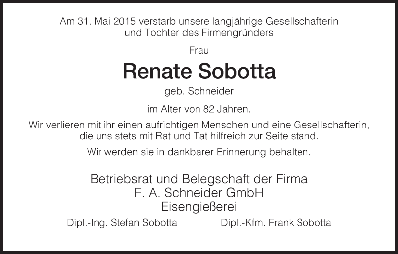  Traueranzeige für Renate Sobotta vom 05.06.2015 aus HNA