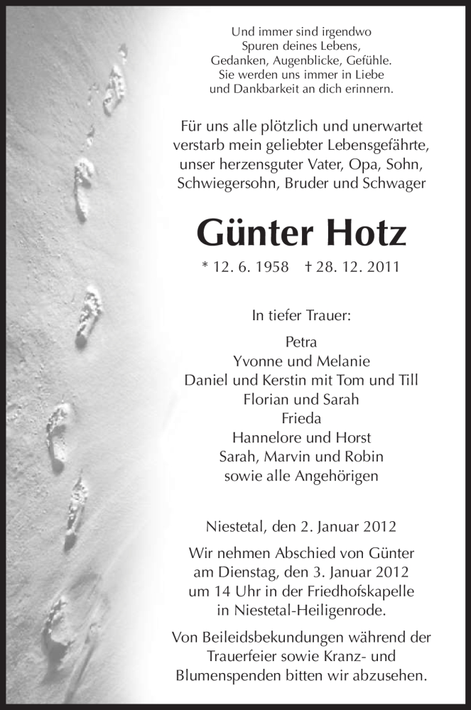  Traueranzeige für Günter Hotz vom 02.01.2012 aus HNA