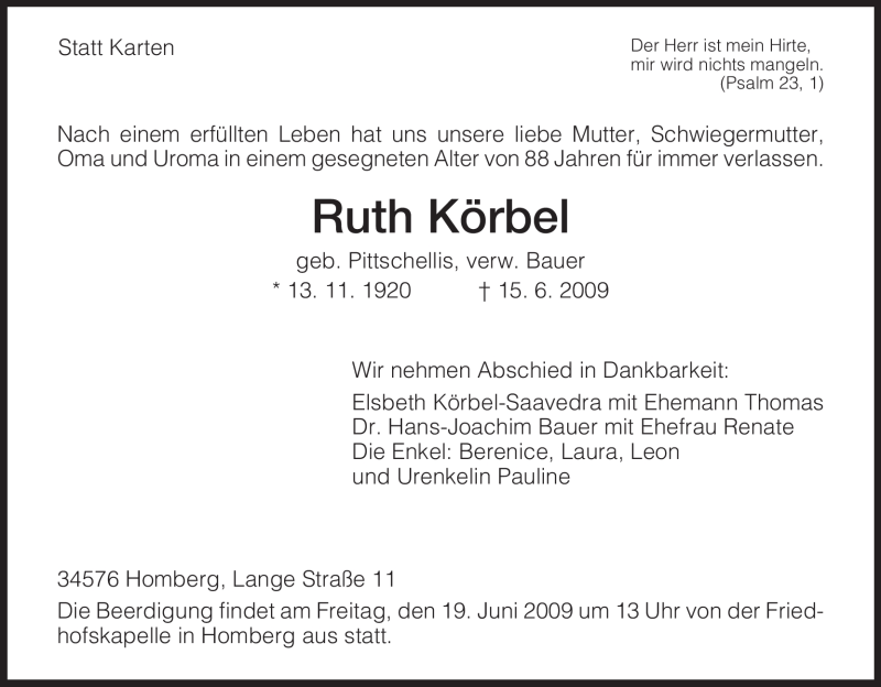  Traueranzeige für Ruth Körbel vom 17.06.2009 aus HNA