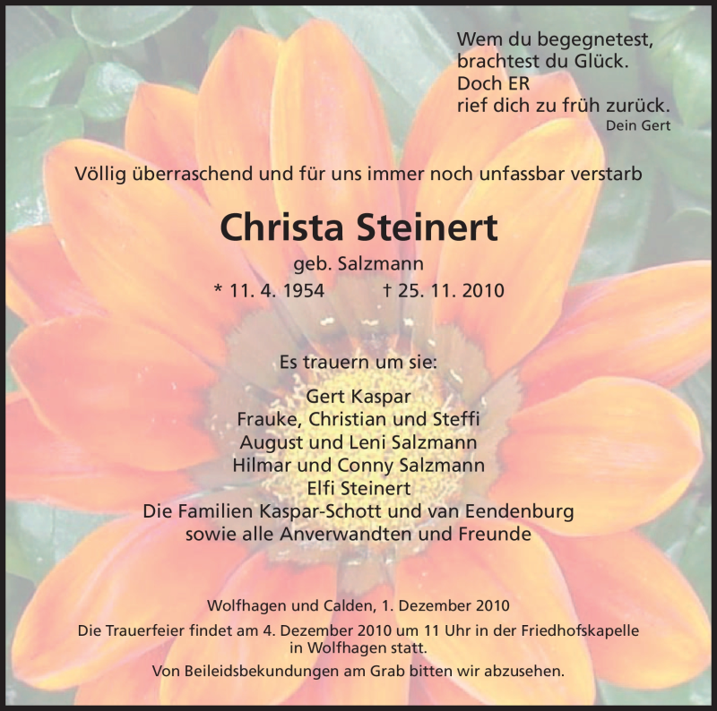  Traueranzeige für Christa Steinert vom 01.12.2010 aus HNA