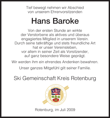 Traueranzeige von Hans Baroke von HNA