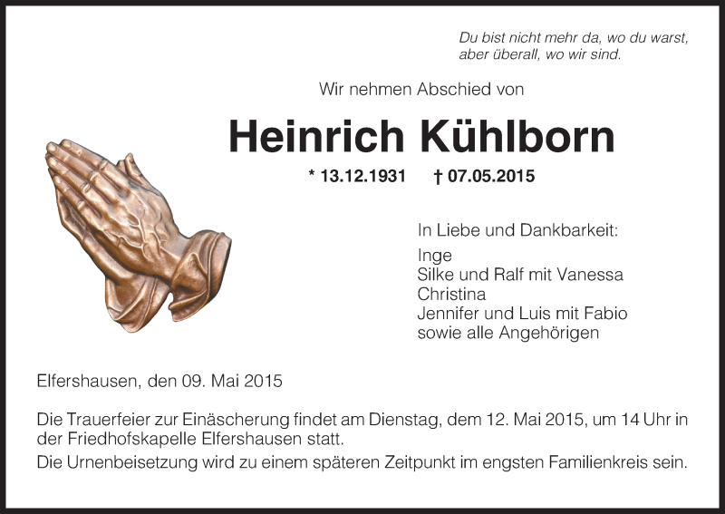  Traueranzeige für Heinrich Kühlborn vom 09.05.2015 aus HNA