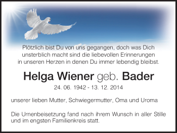 Traueranzeige von Helga Wiener von HNA