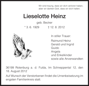 Traueranzeige von Lieselotte Heinz von HNA