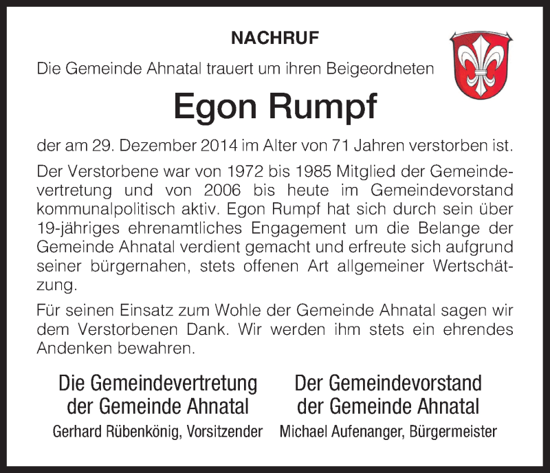  Traueranzeige für Egon Rumpf vom 03.01.2015 aus HNA