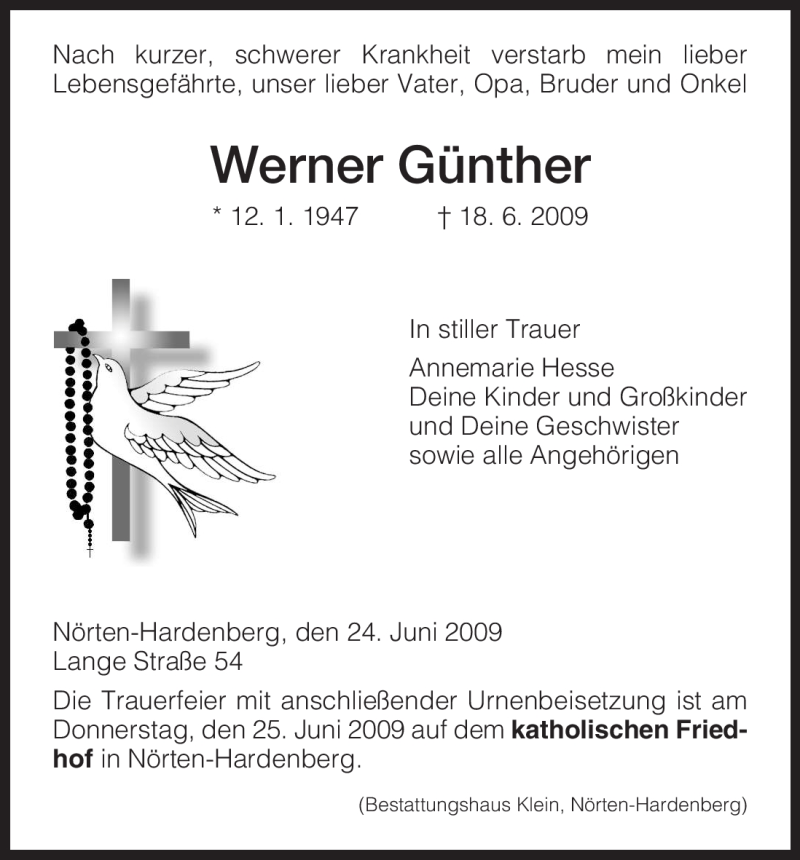  Traueranzeige für Werner Günther vom 24.06.2009 aus HNA