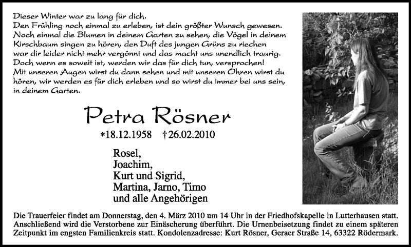  Traueranzeige für Petra Rösner vom 03.03.2010 aus HNA
