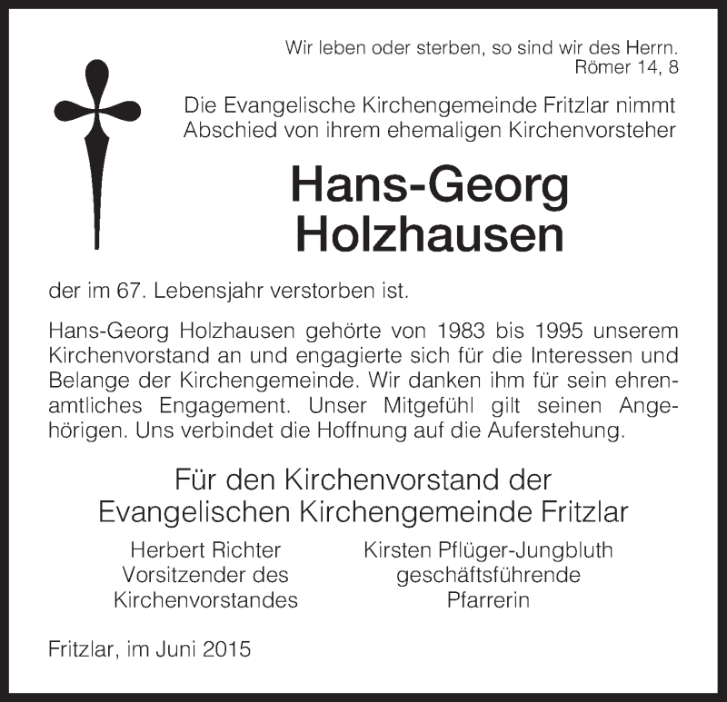  Traueranzeige für Hans-Georg Holzhausen vom 13.06.2015 aus HNA