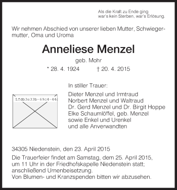Traueranzeige von Anneliese Menzel von HNA