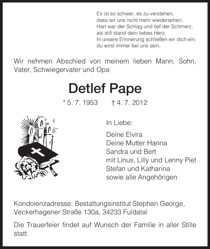  Traueranzeige für Detlef Pape vom 11.07.2012 aus HNA