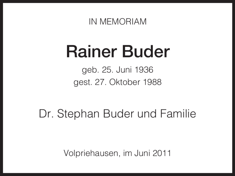 Traueranzeige für Rainer Buder vom 25.06.2011 aus HNA