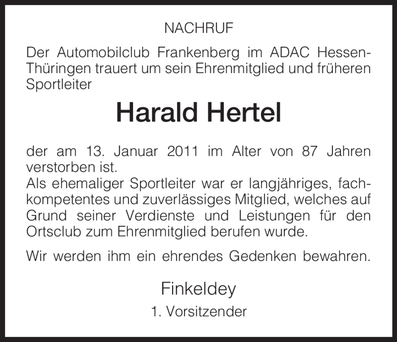  Traueranzeige für Harald Hertel vom 21.01.2011 aus HNA