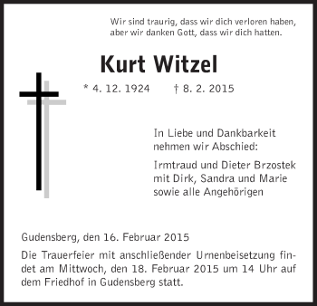 Traueranzeige von Kurt Witzel von HNA