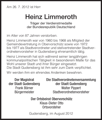 Traueranzeige von Heinz Limmeroth von HNA