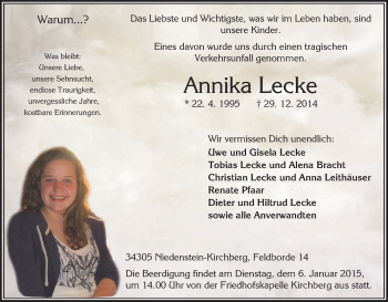 Traueranzeige von Annika Lecke von HNA