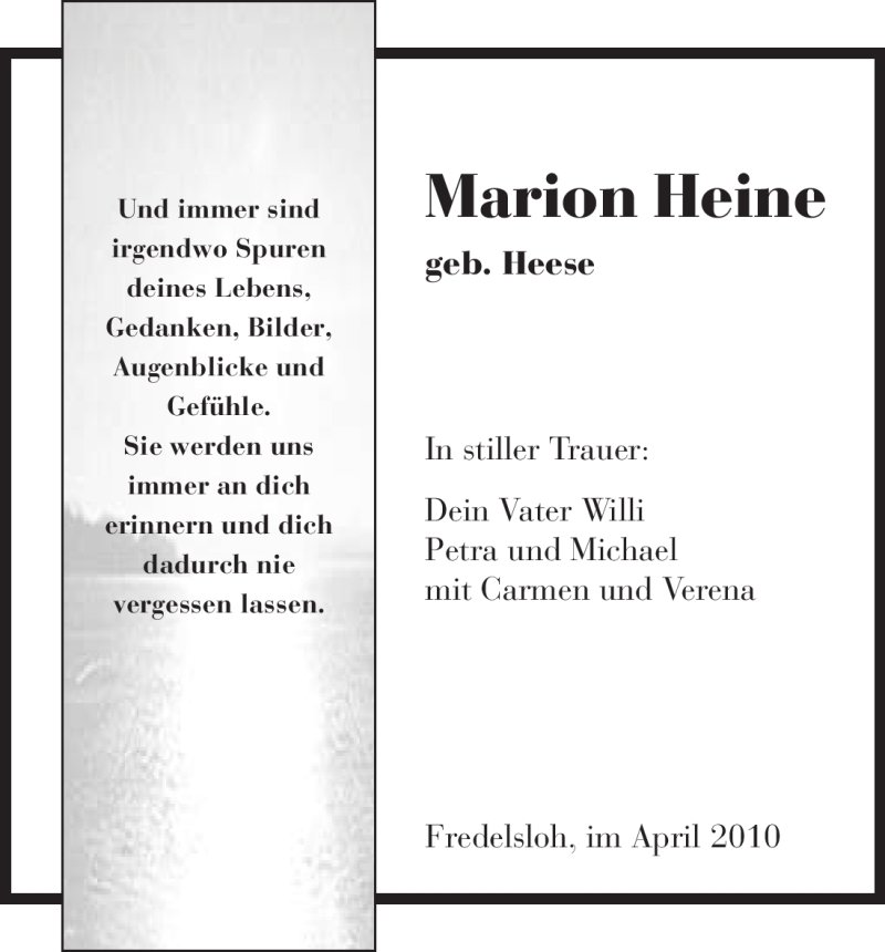  Traueranzeige für Marion Heine vom 14.04.2010 aus HNA