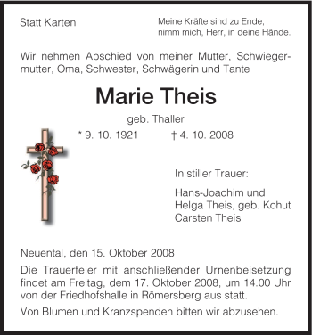 Traueranzeige von Marie Theis von HNA