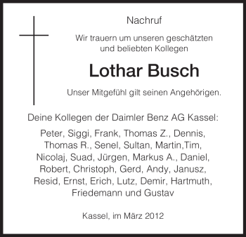 Traueranzeige von Lothar Busch von HNA
