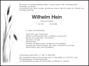 Traueranzeige von Wilhelm Hein von HNA