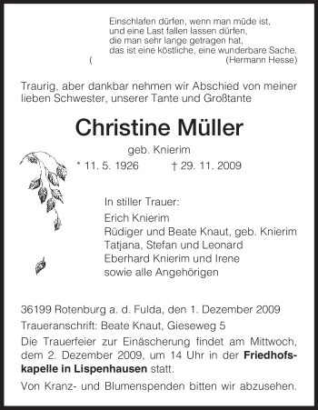 Traueranzeige von Christine Müller von HNA