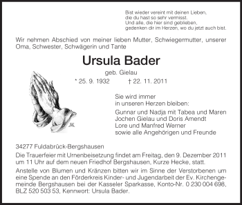 Traueranzeige von Ursula Bader von HNA