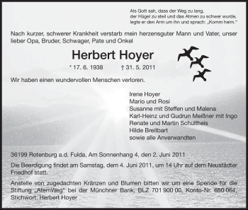 Traueranzeige von Herbert Hoyer von HNA