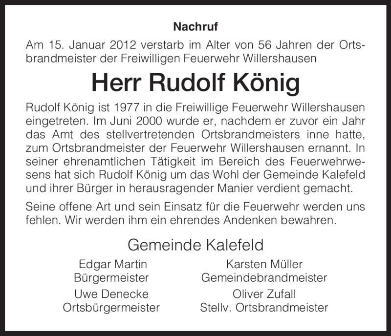  Traueranzeige für Rudolf König vom 18.01.2012 aus HNA