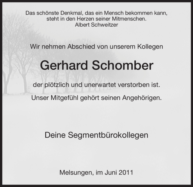  Traueranzeige für Gerhard Schomber vom 08.06.2011 aus HNA