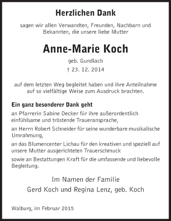 Traueranzeige von Anne-Marie Koch von HNA
