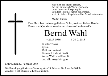 Traueranzeige von Bernd Wahl von HNA